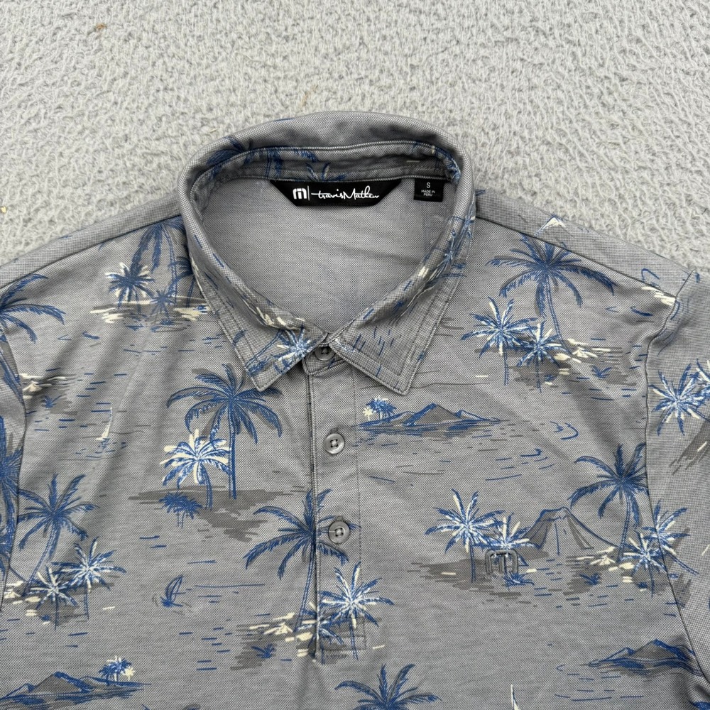 TravisMathew Polo Shirt Mens Small Grey Palm Tree Print Pima Cotton Blend Golf